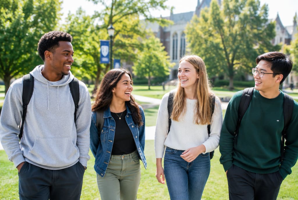 A group of students walking and laughing on a university campus