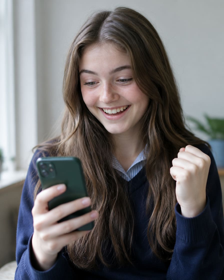 A student smiling after getting her course match results